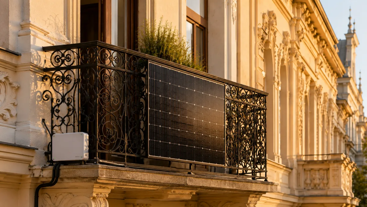 Fertig installiertes Balkonkraftwerk am Wiener Altbau-Balkon mit leuchtender Status-LED am Wechselrichter